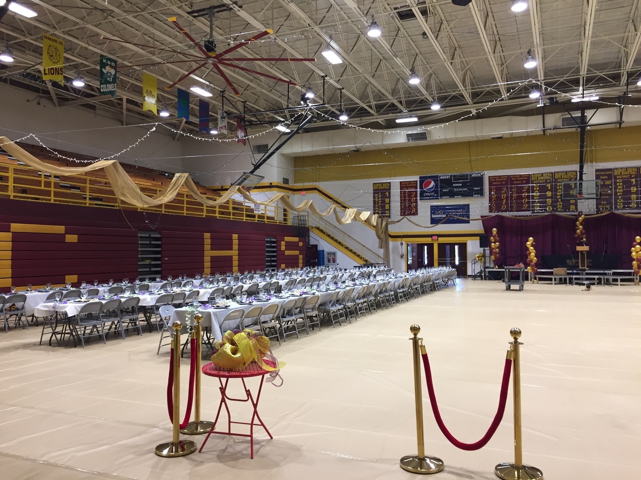 gym floor cover in use for high school prom