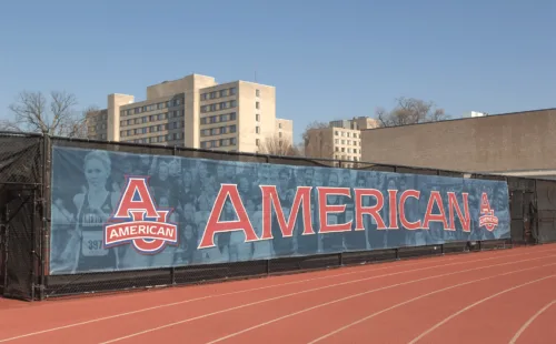 track windscreen with graphics at american university.