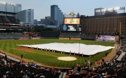 FieldSaver full infield baseball tarp deployed on the field at Camden Yards in Baltimore