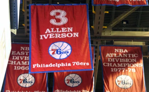 Giant applique Allen Iverson banner hanging at Wells Fargo Center